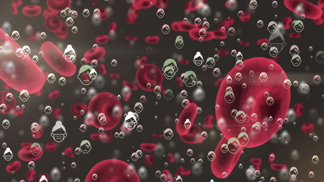 animación de la caída de los iconos y células de covid 19