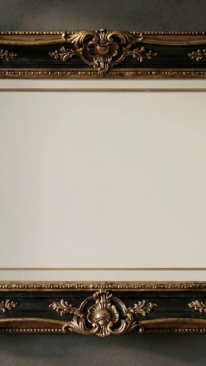 Video verticale: La telecamera riprende una cornice dorata con pannello vuoto in una galleria per un dettaglio ornamentale.