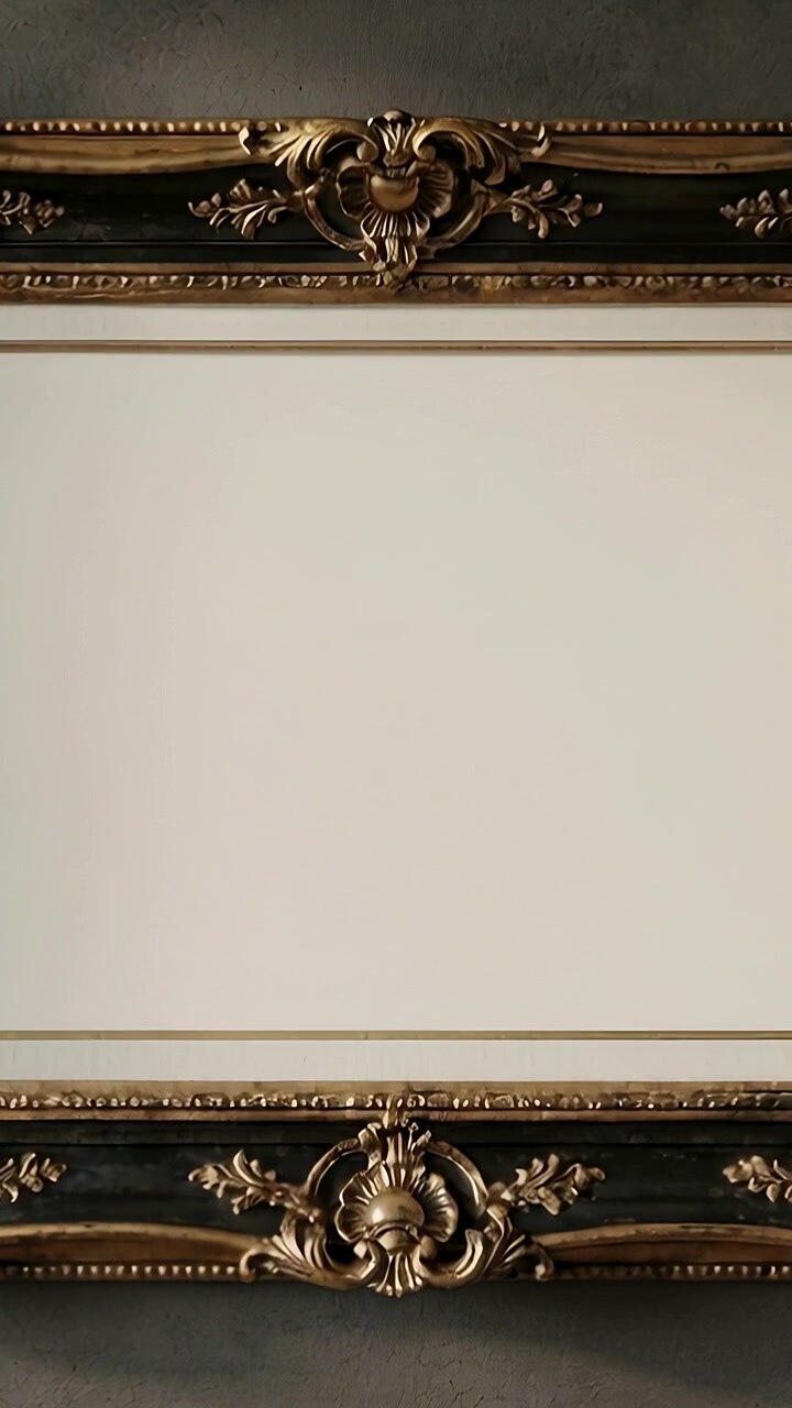 Vertical video: Camera capturing gold frame blank panel in gallery for ornament detail