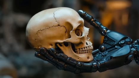 a robot hand holding a human skull in front of a skull