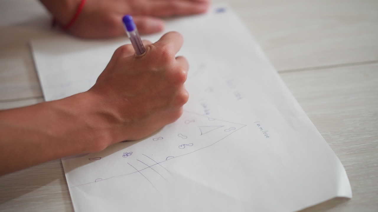 primer plano de un niño con una cuerda roja en la muñeca dibujando en un papel blanco extendido en el suelo con un bolígrafo azul, con dibujos sencillos y formas divertidas que expresan creatividad temprana