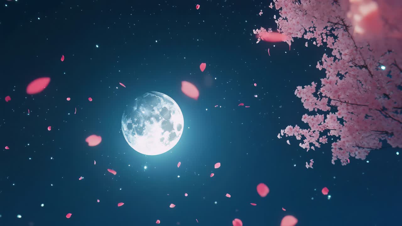 A serene night scene with a full moon and cherry blossoms
