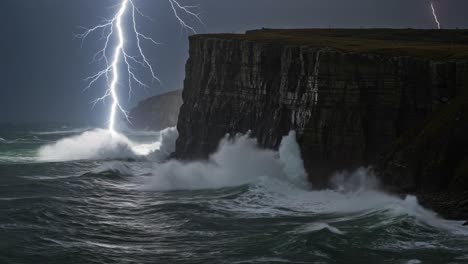 a dramatic display of nature's power: lightning strikes over rugged cliffs and roiling waves under a stormy sky captured in stunning detail
