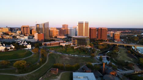 downtown and riverfront parks in richmond, virginia | aerial view zooming out | summer 2021