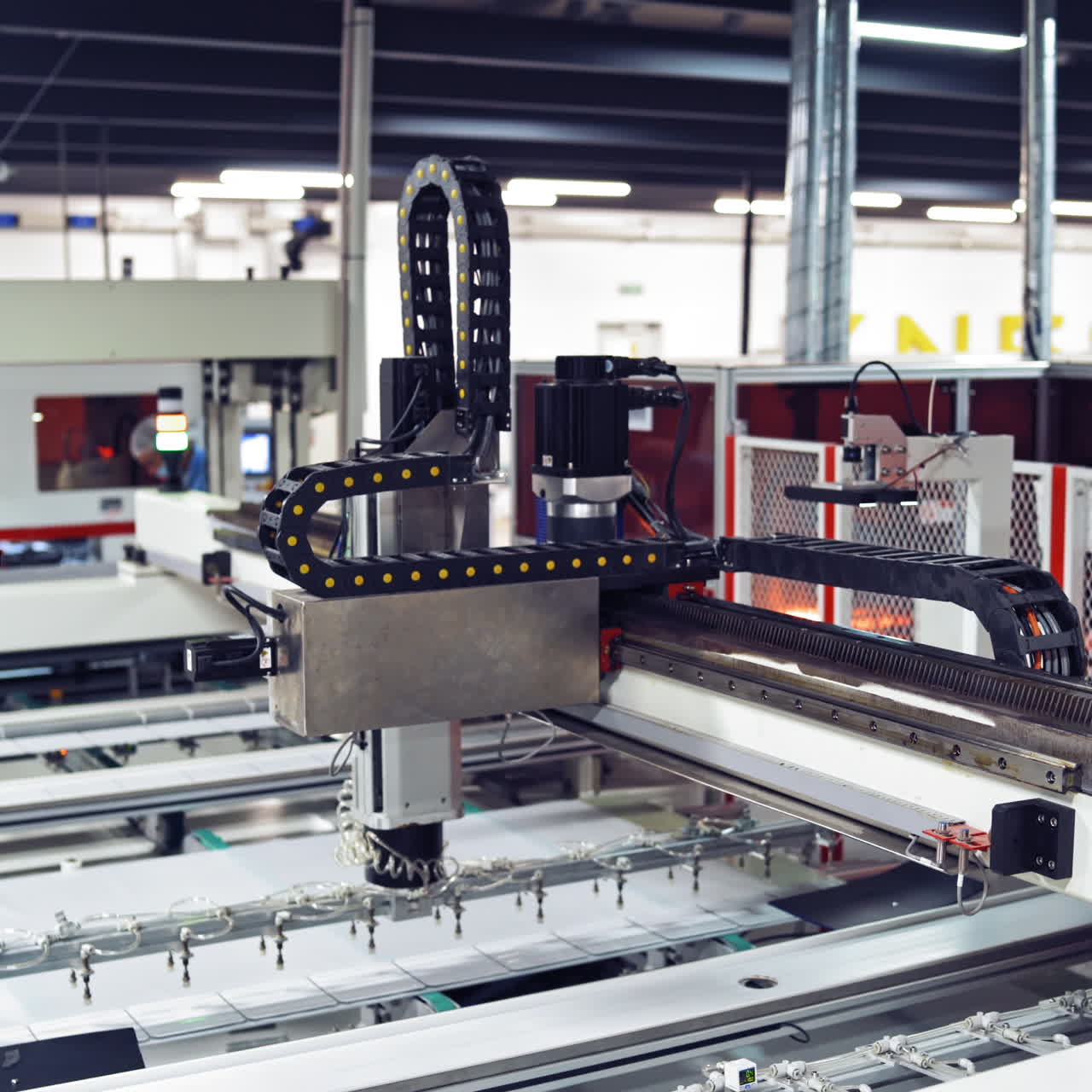 Robotic equipment inside the contemporary plant. Interior of automated industrial production factory.