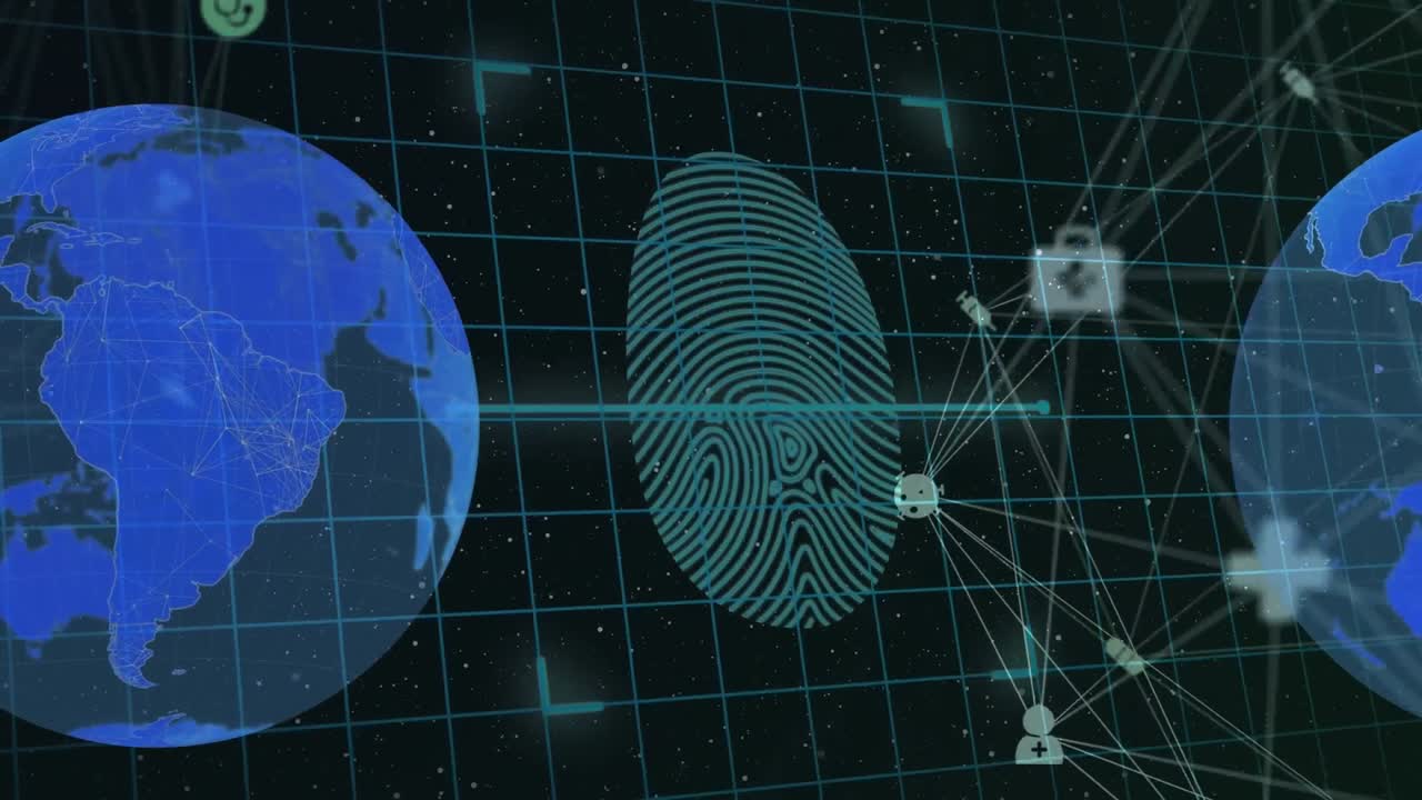 Animatie van biometrische vingerafdruk en netwerk van verbindingen op donkere achtergrond