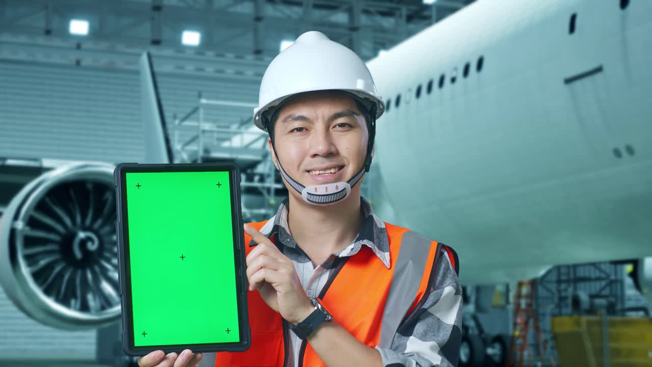 안전 헬을 입은 아시아 남성 엔지니어가 거에 있는 항공기와 함께 서서 미소 짓고 항공기 유지보수 중에 카메라에 녹색 화면 태블릿을 보여줍니다.