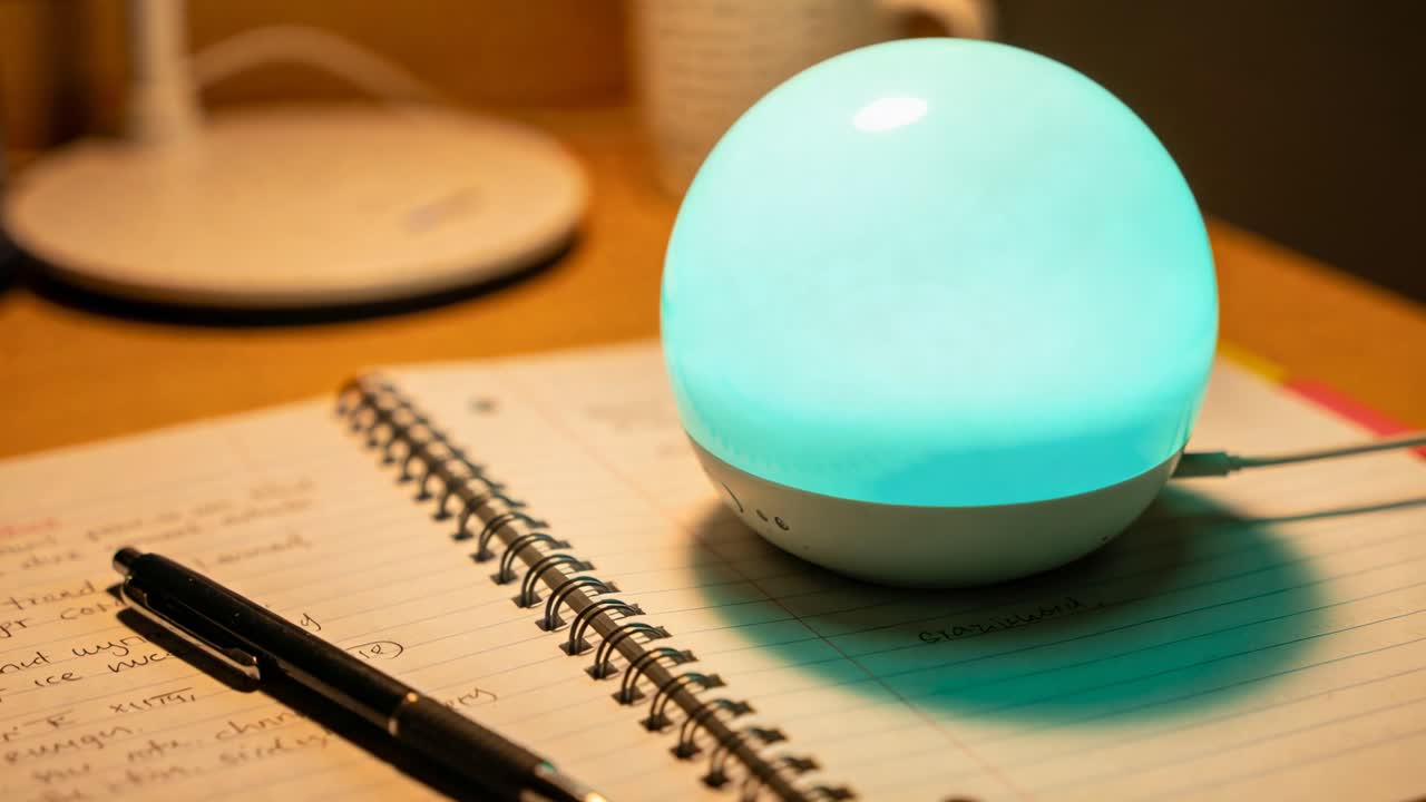 Glowing globe lamp emitting cyan glow on desk over spiral-bound notebook with pen, powered by USB
