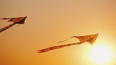 a kite flies in the rays of the setting sun childhood and dreams concept