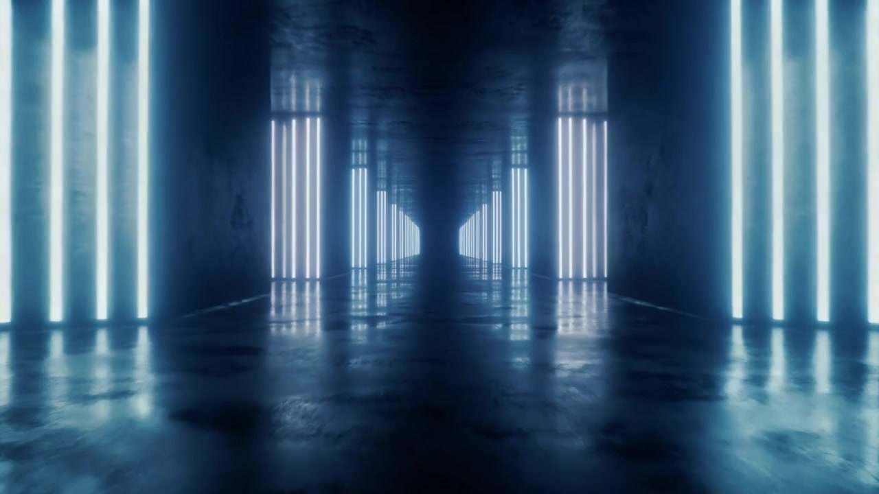 Bevæger sig gennem en mørk futuristisk tunnel med glødende lodrette neonlys