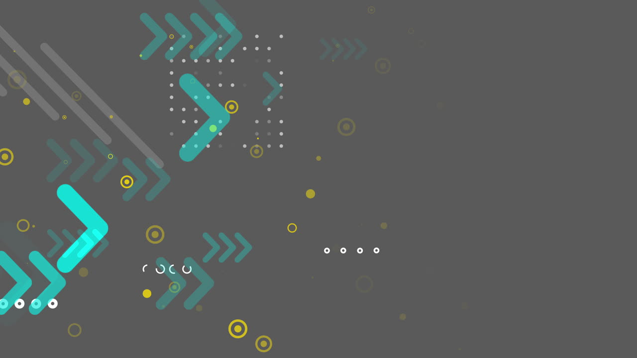 Grunge stylized movement of turquoise and yellow graphics with arrows, dots, lines on a gray background. Looped animation of forward pointers.