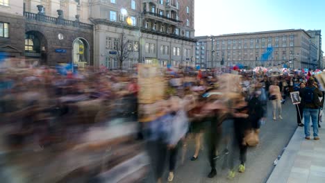 moscow; russia- ninth of may two thousand eighteenth year; procession of moscow residents on the day of victory in world war ii, in memory of the dead relatives, the immortal regiment, time lapse