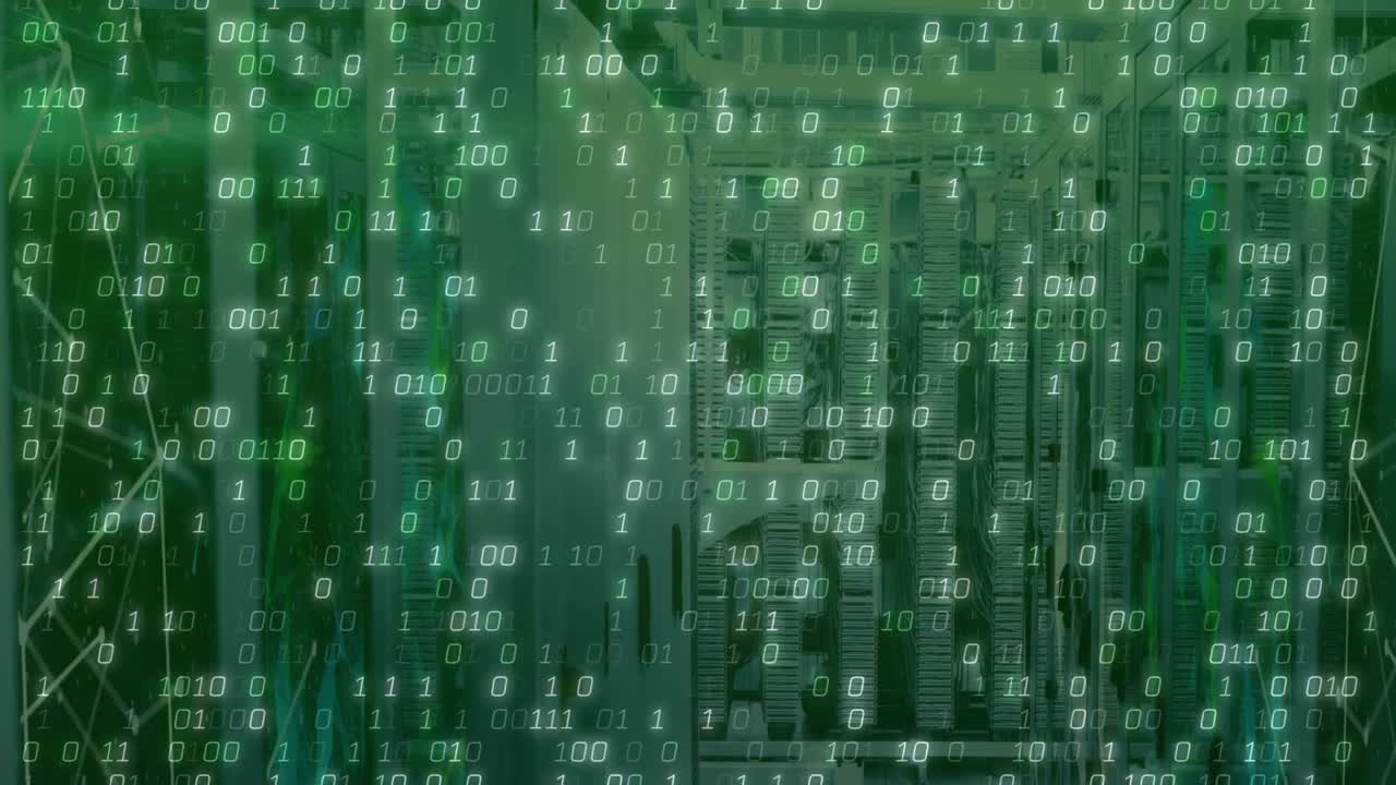 Upon initialization server rack receiving cascading green binary digits illustrating fast data flow