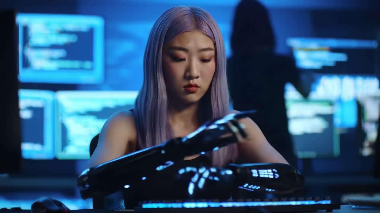 A Focused Cybersecurity Expert Analyzes Data with Advanced Technology in a Dimly Lit, High-Tech Environment, Highlighting the Intersection of Humanity and Innovation