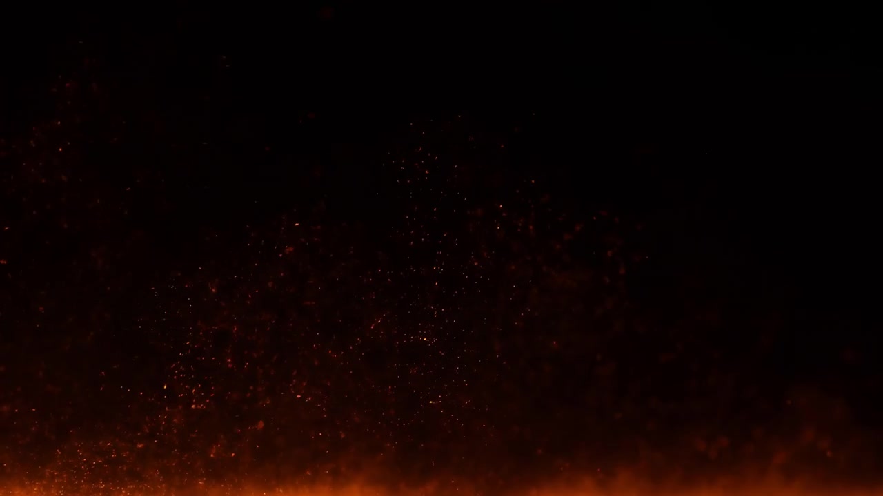 Close-up motion scene showing ember clusters and orange spark points gathered near lower area, then gradually thinning, dimming, and fading into deep black negative space with soft glow and subtle