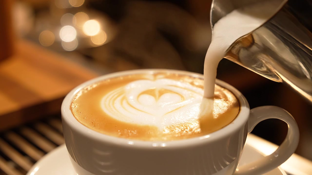 Hælder dampet mælk i kaffe for at lave latte art
