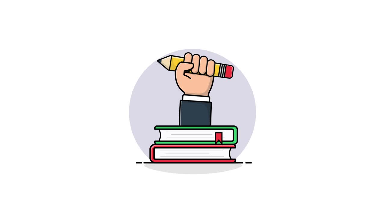 Mano Animada Sosteniendo Lápiz Sobre Pila de Libros