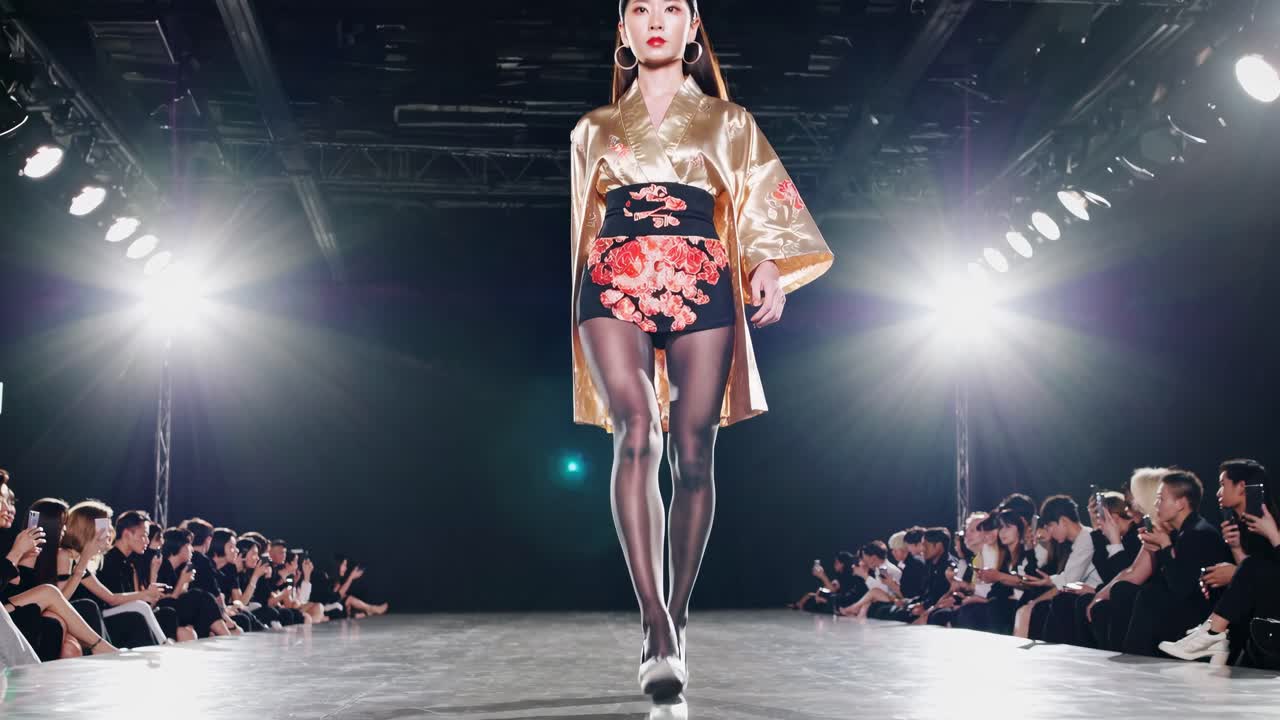 Low-angle video shot of a model on a runway, wearing a gold kimono-style top and floral shorts