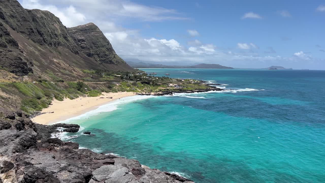 Aerial view of Makapuu Beach Park in Oahu, Hawaii, on a sunny day