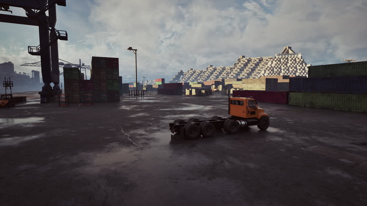 оранжевый грузовик в дождливом порту