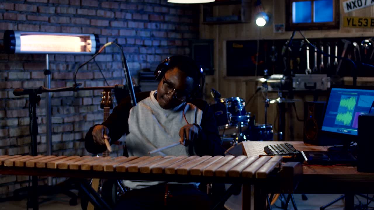 Ung musiker spiller i hjemmestudie.