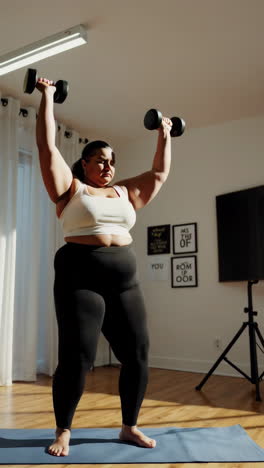 plus-size woman working out at home with dumbbells