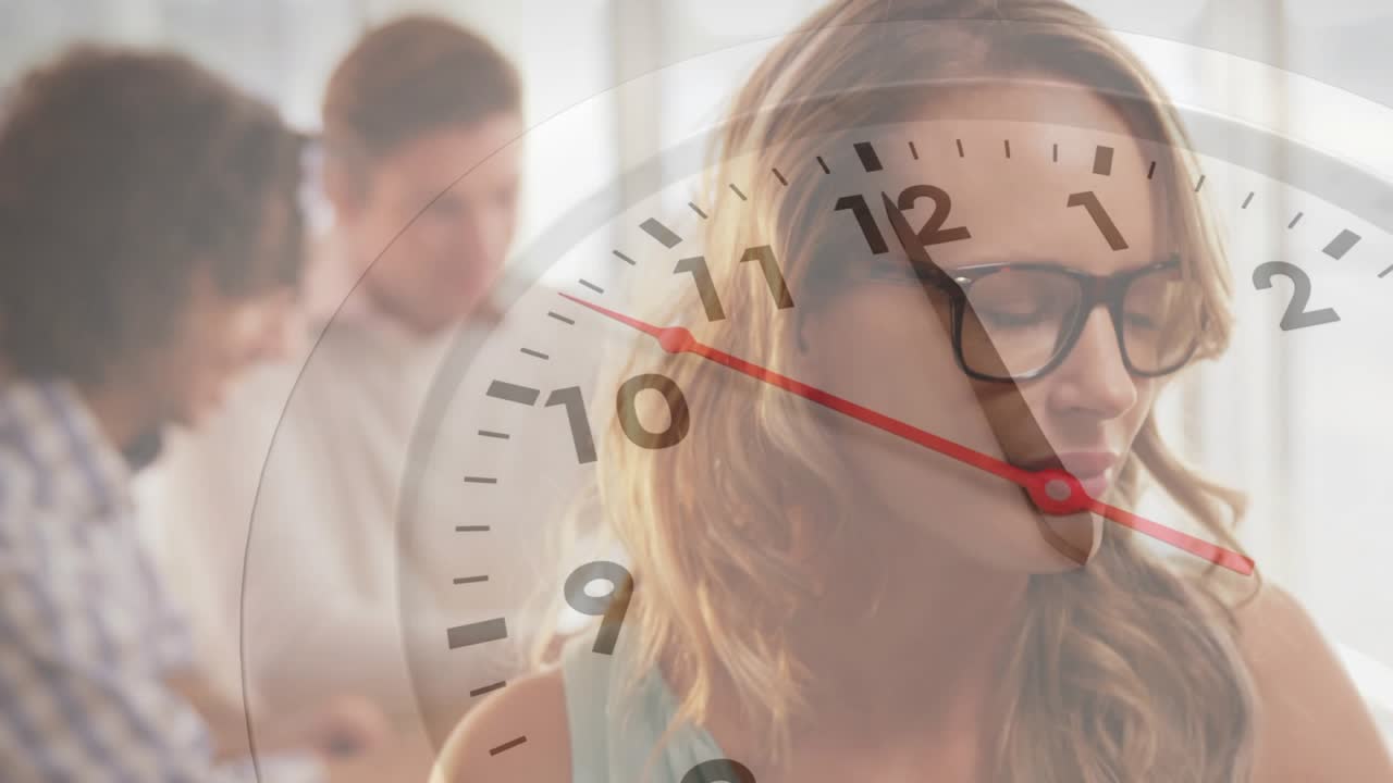 Woman wearing glasses sipping then lowering cup while rotating clock overlay signaling workday end
