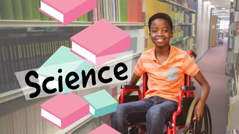 Animation-of-science-text-and-books-falling-over-african-american-schoolboy-in-wheelchair