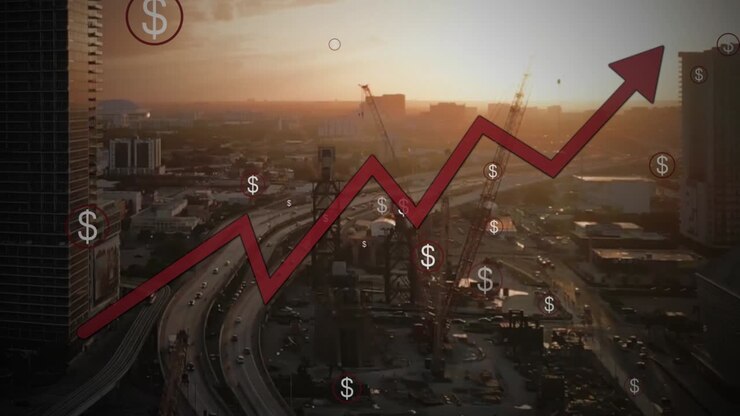 animation de l'immobilier moderne ville intelligente graphique des prix de location d'appartements augmentant en raison de l'inflation, grue de construction dans la zone résidentielle en arrière-plan