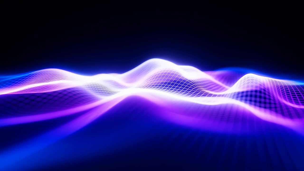 Purple Luminous Mesh Waves Flowing Across Dark Stage Forming Smooth Peaks And Grid Overlay, Organic Motion