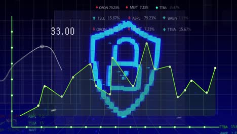 animation of padlock icon over data processing on blue background