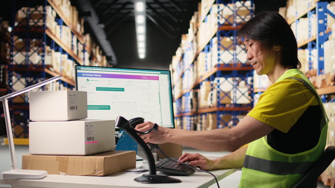 Vertical Video Asian male worker scanning shipment labels and tracking numbers