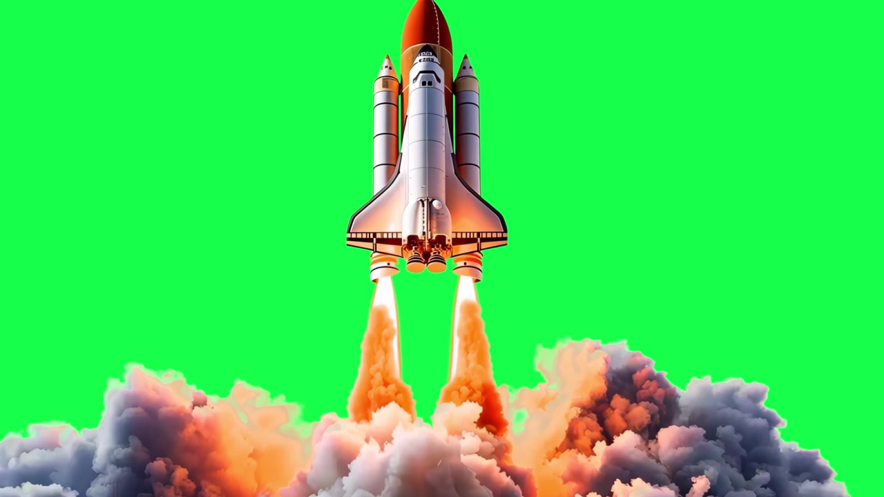 Lancio di uno space shuttle con animazione di fumo, video 4K trasparente, green screen