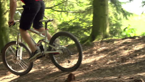 Slow-Motion-Shot-Of-Man-Riding-Mountain-Bike-Through-Woods