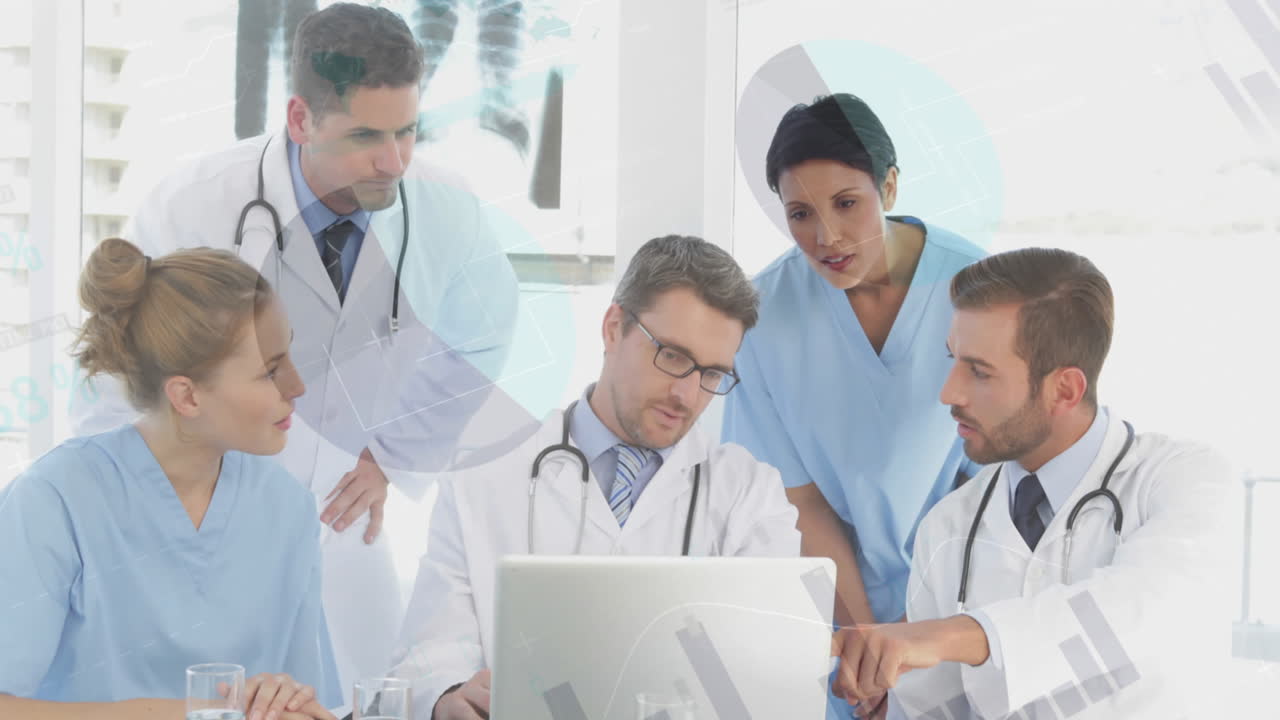 노트북을 사용하는 다양한 의사들을 대상으로 통계 및 금융 데이터 처리의 애니메이션