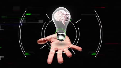 animation of data processing over lightbulb with human brain on black background