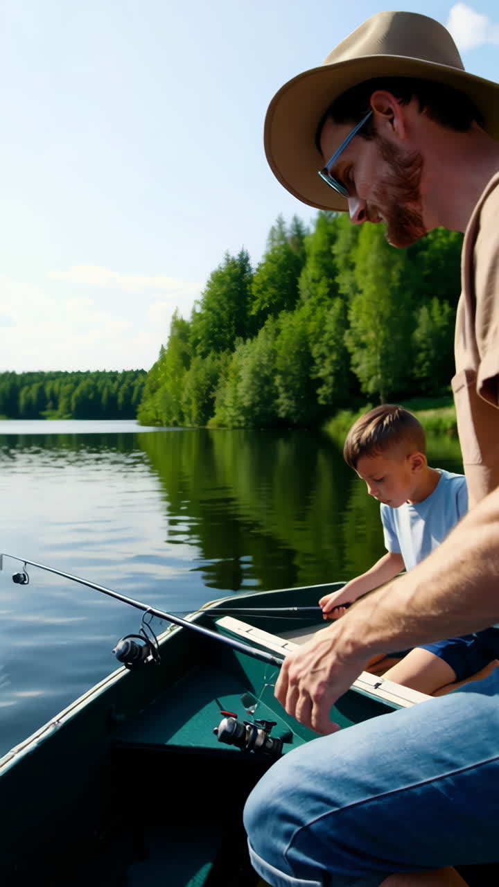 Ayah dan Anak Menikmati Perjalanan Memancing di Danau
