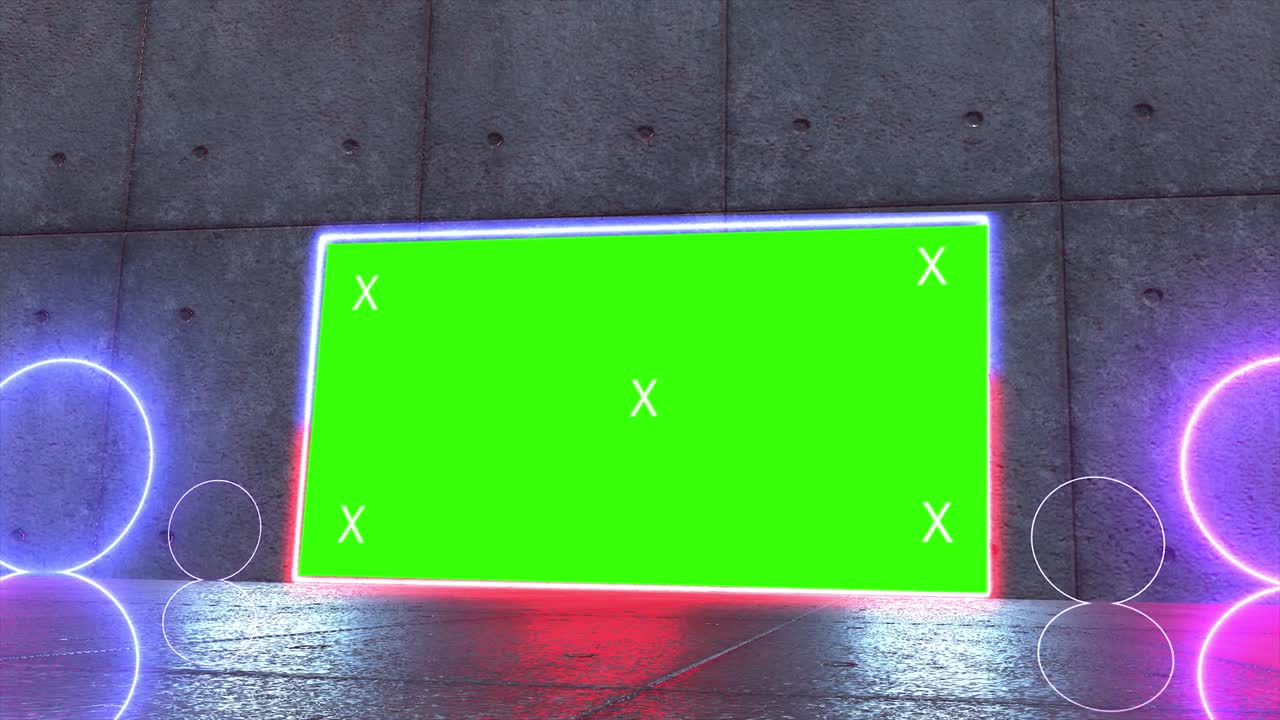 túnel creativo abstracto y pantalla verde modelo de cartelera del canal alfa. neón, bares y tecnología de led púrpura azul, ciencia ficción, renderizado cyberpunk futurista en 3d con marco en blanco.