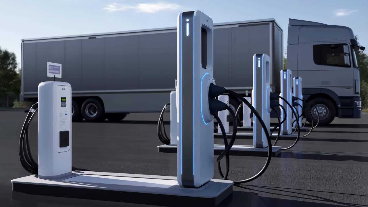 Electric Semi-Truck Charging at a Modern EV Charging Station