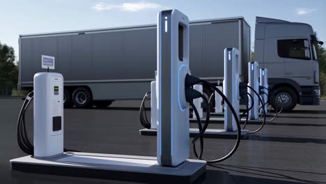 Electric Semi-Truck Charging at a Modern EV Charging Station