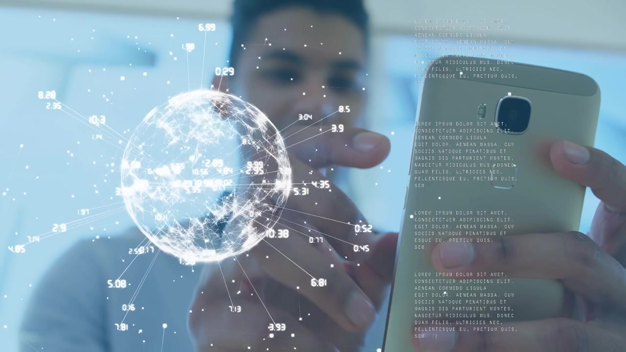 Animation of globe and data processing over midsection of man using smartphone
