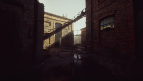 abandoned multi-story red brick factory buildings