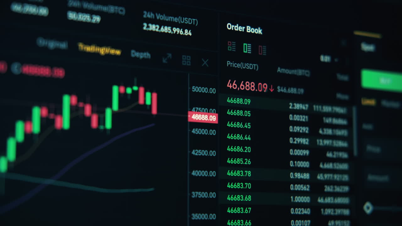 Close view of a screen with Stocks on it. Full Bitcoin info, prices, graphs, history, dynamic changing