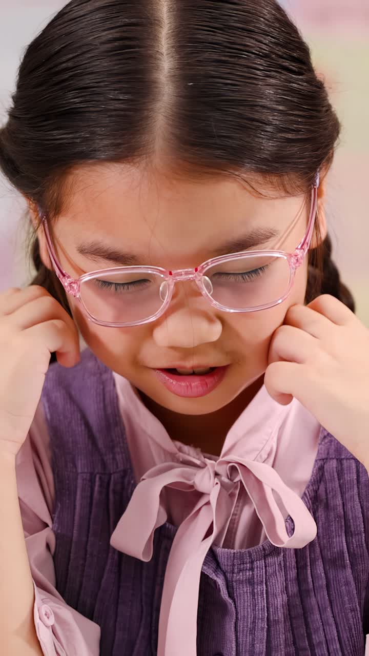 Una giovane ragazza con occhiali rosa guarda in basso pensierosa mentre si concentra in un'aula
