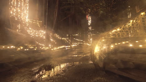 rainy pathway in forest decorated with warm christmas lights