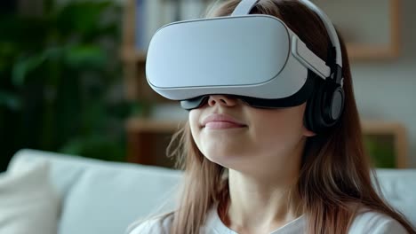 una mujer con un auricular de realidad virtual sentada en un sofá