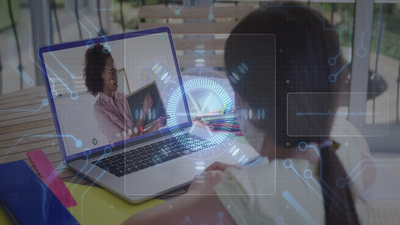 Animation of round scanner and microprocessor connections against girl having a video call on laptop