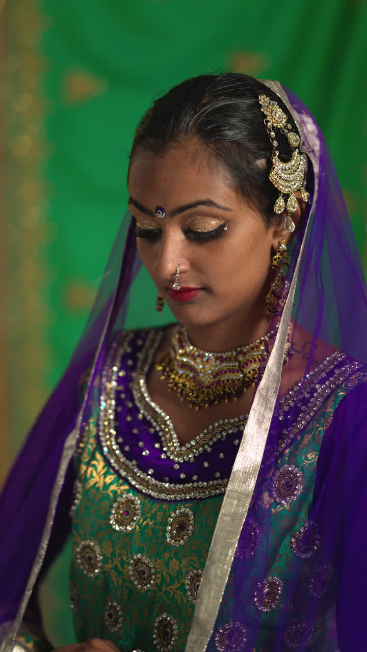 vídeo vertical em close-up retrato de dançarina de kathak realizando dança vestindo vestido tradicional indiano e jóias olhando para a câmera 3