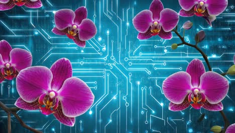 orchids on a digital circuit board background