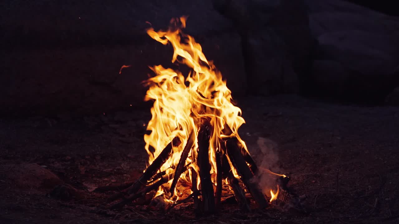Big bonfire fire on nature background. Beautiful fire burns brightly. Slow motion